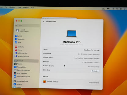MacBook Pro (2017) [13,3", Intel Core i5 2,3GHz, 8GB RAM, 128GB SSD, Intel Iris Plus Graphics 640, macOS] Grigio