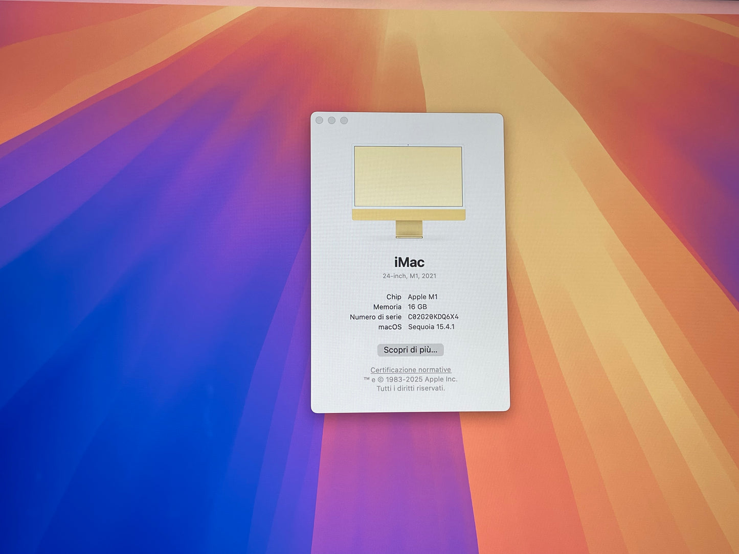 iMac (Mid 2021) [24", Apple M1 8 Core CPU, 16GB RAM, 256GB SSD, Apple 7 Core, macOS] Giallo
