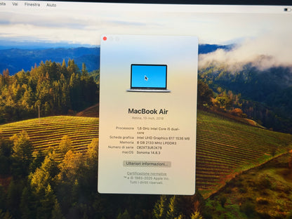 MacBook Air (2018) [13,3", Retina, Intel Core i5 1,6GHz, 8GB RAM, 256GB SSD, Intel UHD Graphics 617, macOS] Grigio