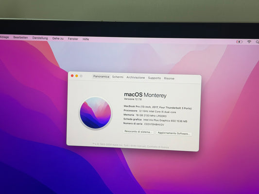 MacBook Pro (2017) [13,3", Retina, Touch Bar, Intel Core i5 3,1GHz, 16GB RAM, 512GB SSD, Intel Iris Plus Graphics 650, macOS] argento