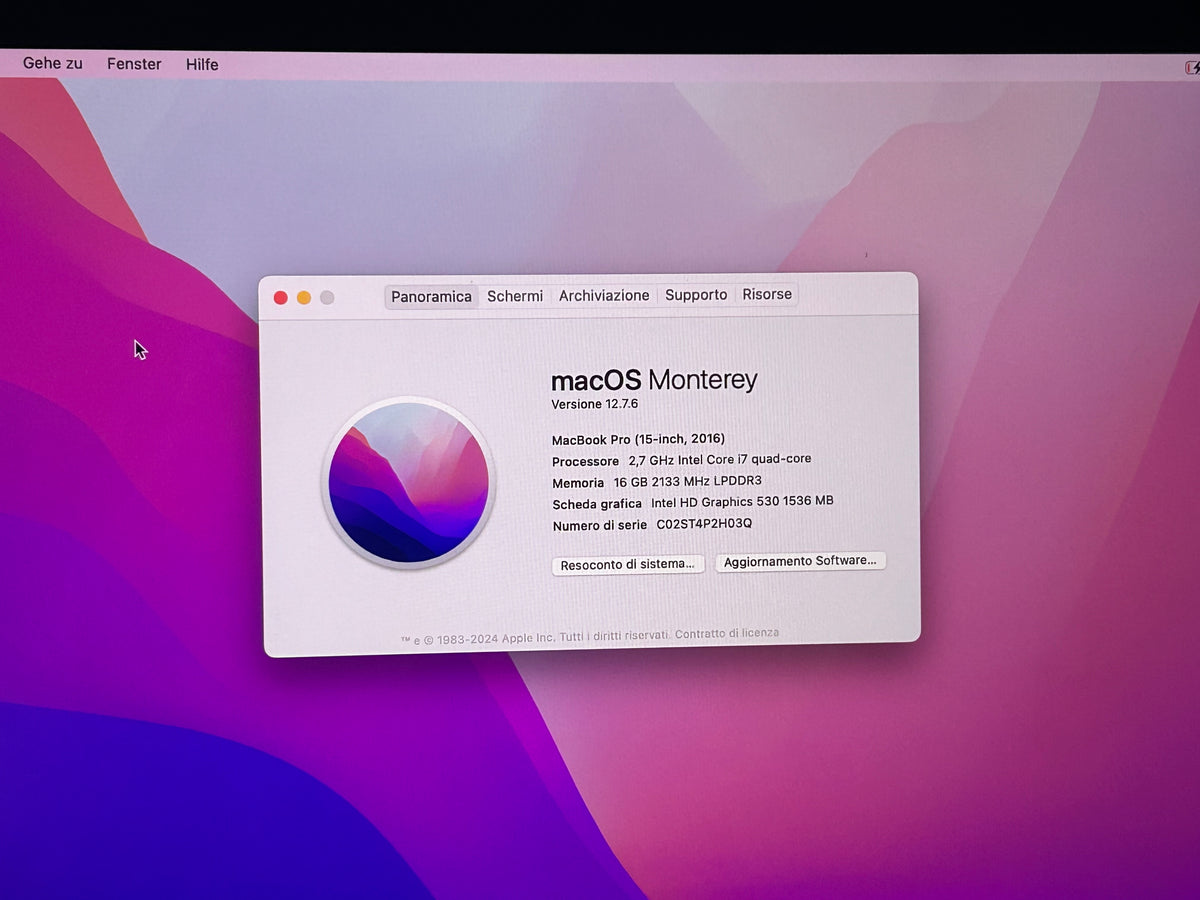 MacBook Pro (2016) [15,4", Touch Bar, Intel Core i7 2,7GHz, 16GB RAM, 512GB SSD, AMD Radeon Pro, macOS] Grigio