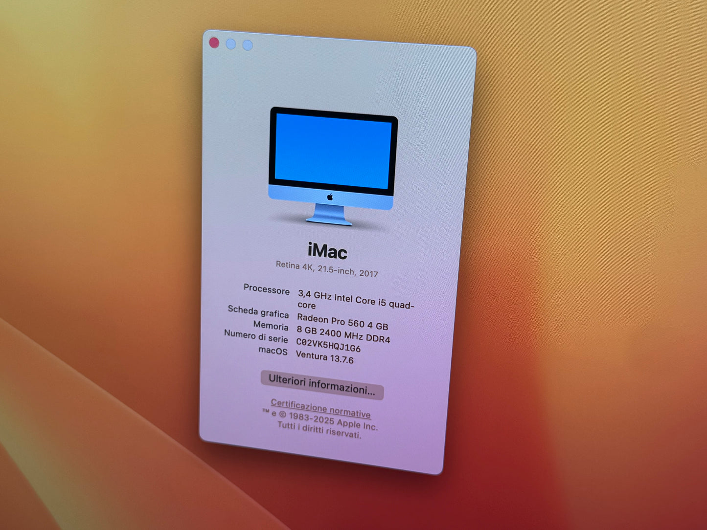 iMac (Mid 2017) [21,5", 4K, Retina, Intel Core i5 3,4GHz, 8GB RAM, 1TB Fusion Drive, AMD Radeon Pr0 560, macOS] argento