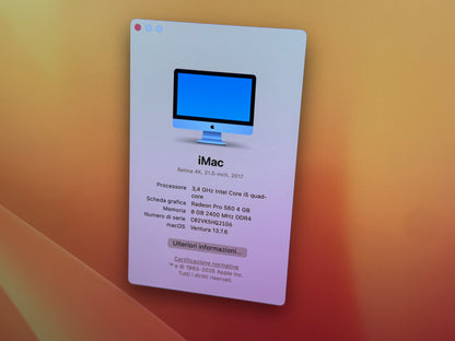 iMac (Mid 2017) [21,5", 4K, Retina, Intel Core i5 3,4GHz, 8GB RAM, 1TB Fusion Drive, AMD Radeon Pr0 560, macOS] argento