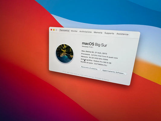 iMac (2017) [27", 5K Retina, Intel Core i5 3.8GHz, 64GB RAM, 2TB SSD, AMD Radeon PR0 580 8GB, macOS] argento