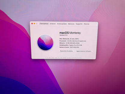 iMac (2017) [27", 4K, Retina, Intel Core i5 3,5GHz 24GB RAM, 1TB FusionDrive, AMD Radeon Pro 575, macOS] argento