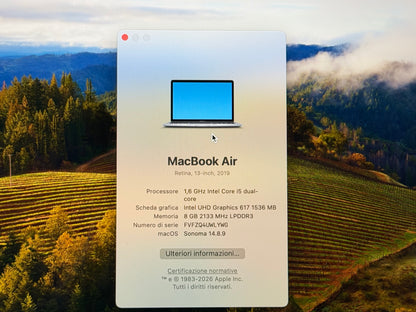 MacBook Air (2019) [13,3", Retina, Intel Core i5 1,6GHz, 8GB RAM, 128GB SSD, Intel UHD Graphics 617, macOS] Grigio