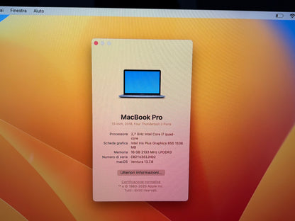 MacBook Pro (2018) [13,3", Touch Bar, Intel Core i7 2,7GHz, 16GB RAM, 512GB SSD, Intel Iris Graphics 655, macOS] Grigio