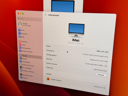 iMac (Mid 2017) [27", 5K, Retina, Intel Core i5 3,4GHz, 8GB RAM, 1TB Fusion Drive + 32GB SSD, AMD Radeon Pr0 570, macOS] argento