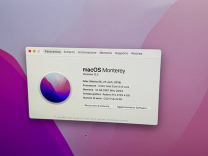 iMac (2019) [27", 5K, Retina, Intel Core i5 3,0GHz, 32GB RAM, 1TB Fusion Drive + 32GB SSD, AMD Radeon Pro 570X, macOS] argento
