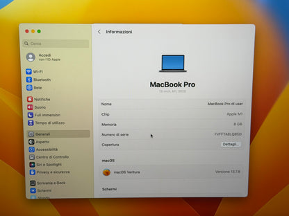 MacBook Pro (2020) M1 [13,3", Touch Bar, Apple M1 3,2GHz, 8GB RAM, 256GB SSD, Apple 8 Core, macOS] Grigio