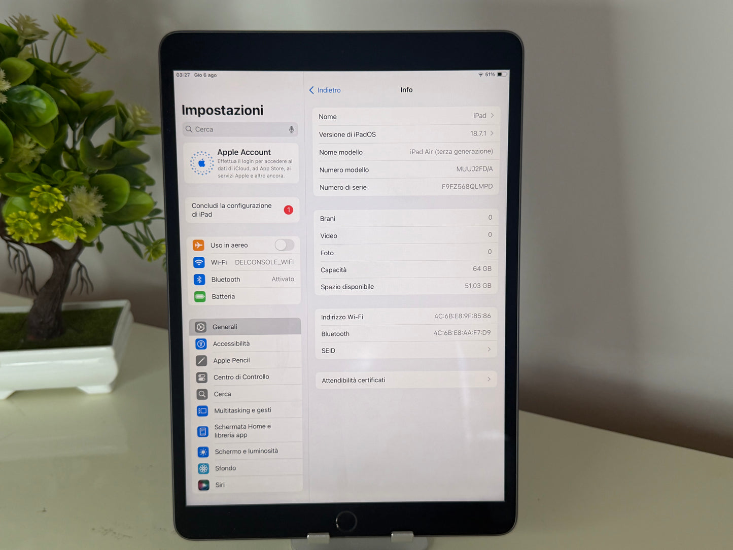 iPad Air 3 (2019) 10.5” 64GB WI-FI Grigio