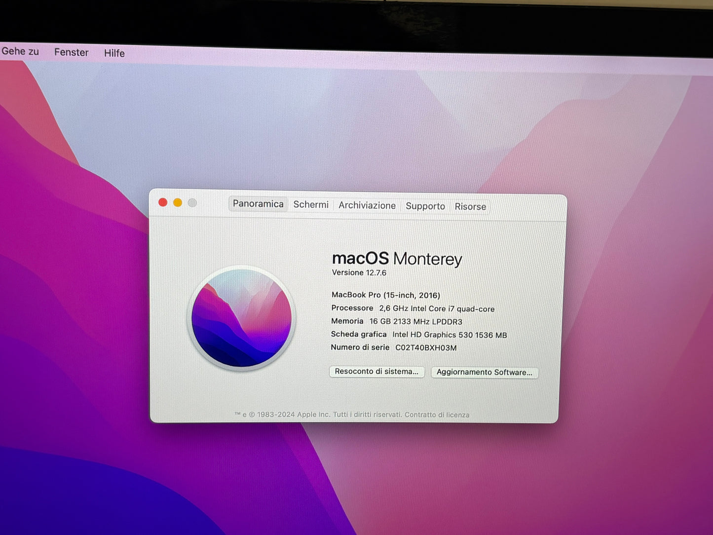 Apple MacBook Pro (2016) [15,4", Retina, Touch Bar, Intel Core i7 2,6GHz, 16GB RAM, 256GB SSD, Intel HD Graphics 530 + AMD Radeon Pro 450, macOS] argento