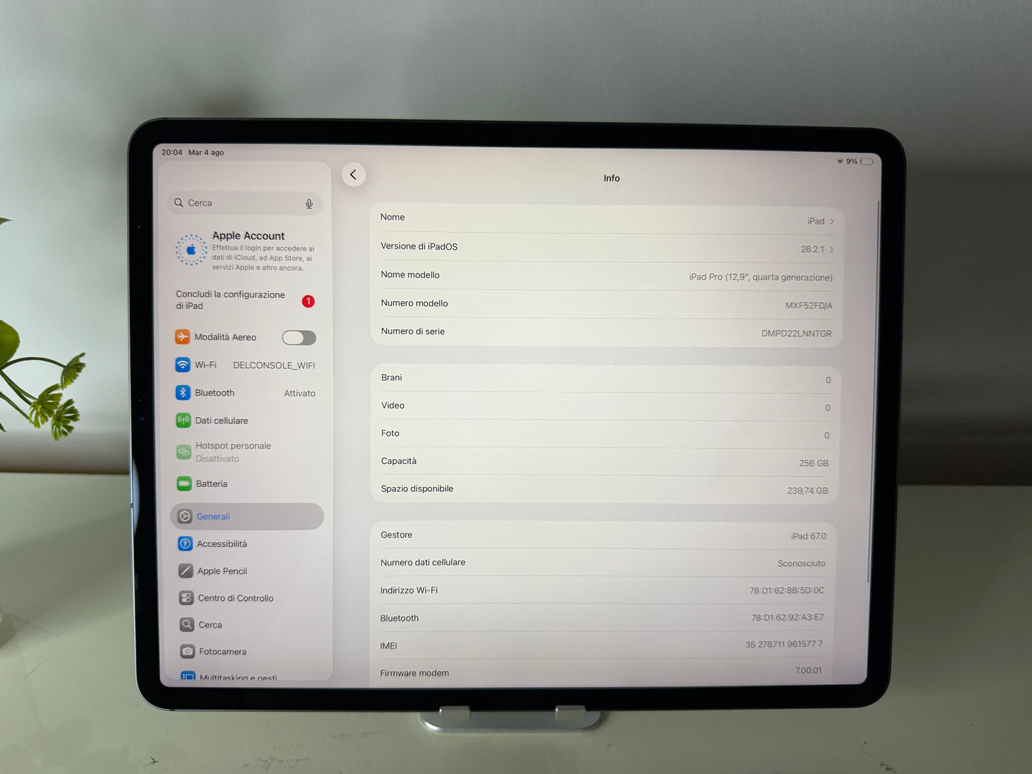 iPad Pro (2020) 12.9” WI-FI+Cellular 256GB Grigio