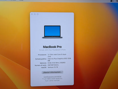 MacBook Pro (2017) [13,3", Touch Bar, Intel Core i5 3,1GHz, 8GB RAM, 256GB SSD, Intel Iris Plus Graphics 650, macOS] Grigio