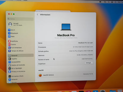 MacBook Pro (2017) [13,3", Touch Bar, Intel Core i5 3,1GHz, 8GB RAM, 256GB SSD, Intel Iris Plus Graphics 650, macOS] Grigio