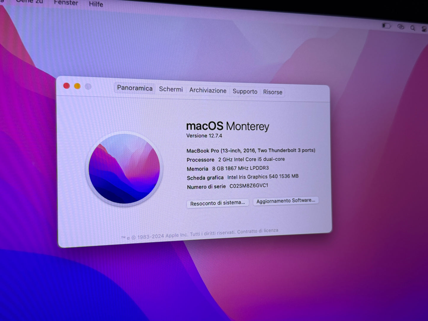MacBook Pro (2016) [13,3", Retina, Intel Core i5 2, 0GHz, 8GB RAM, 256GB SSD, Intel Iris Graphics 540, macOS] Grigio