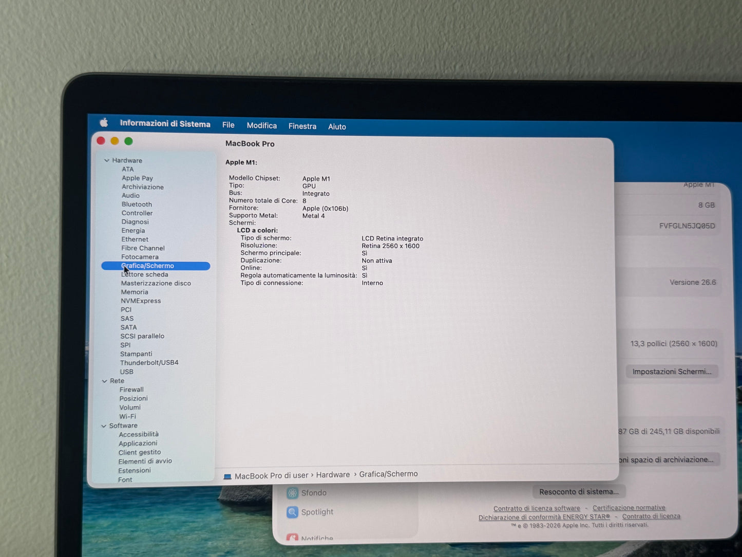 MacBook Pro (2020) M1 [13,3", Touch Bar, Apple M1 3,2GHz, 8GB RAM, 256GB SSD, Apple 8 Core, macOS] Grigio
