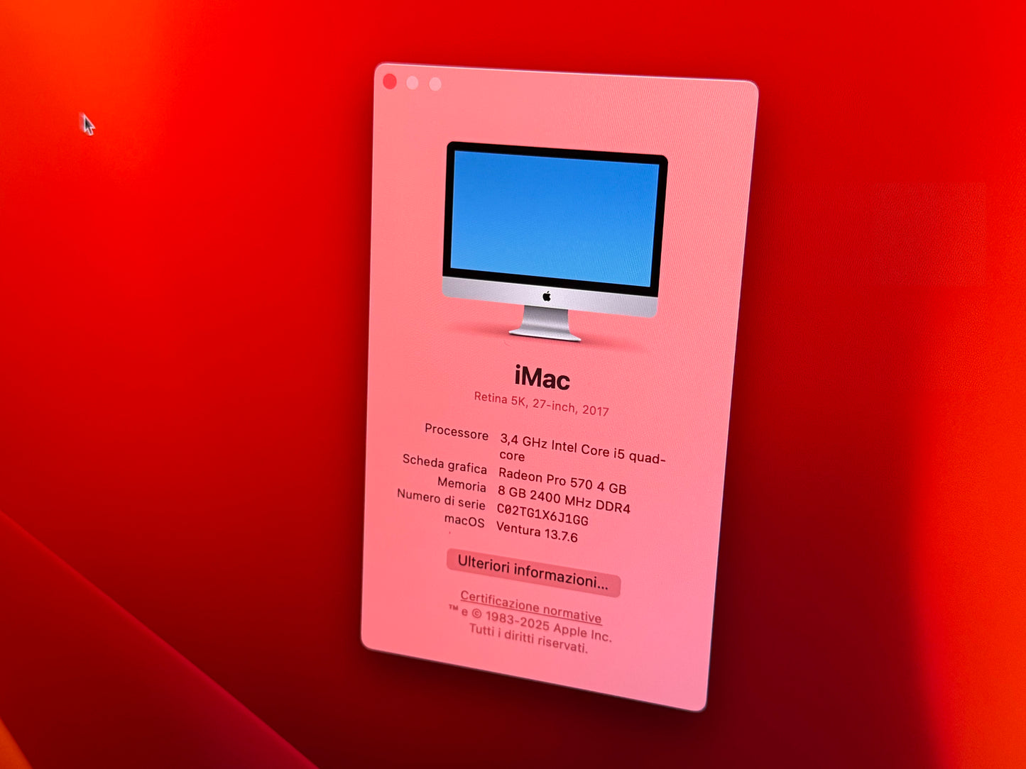 iMac (Mid 2017) [27", 5K, Retina, Intel Core i5 3,4GHz, 8GB RAM, 1TB Fusion Drive + 32GB SSD, AMD Radeon Pr0 570, macOS] argento