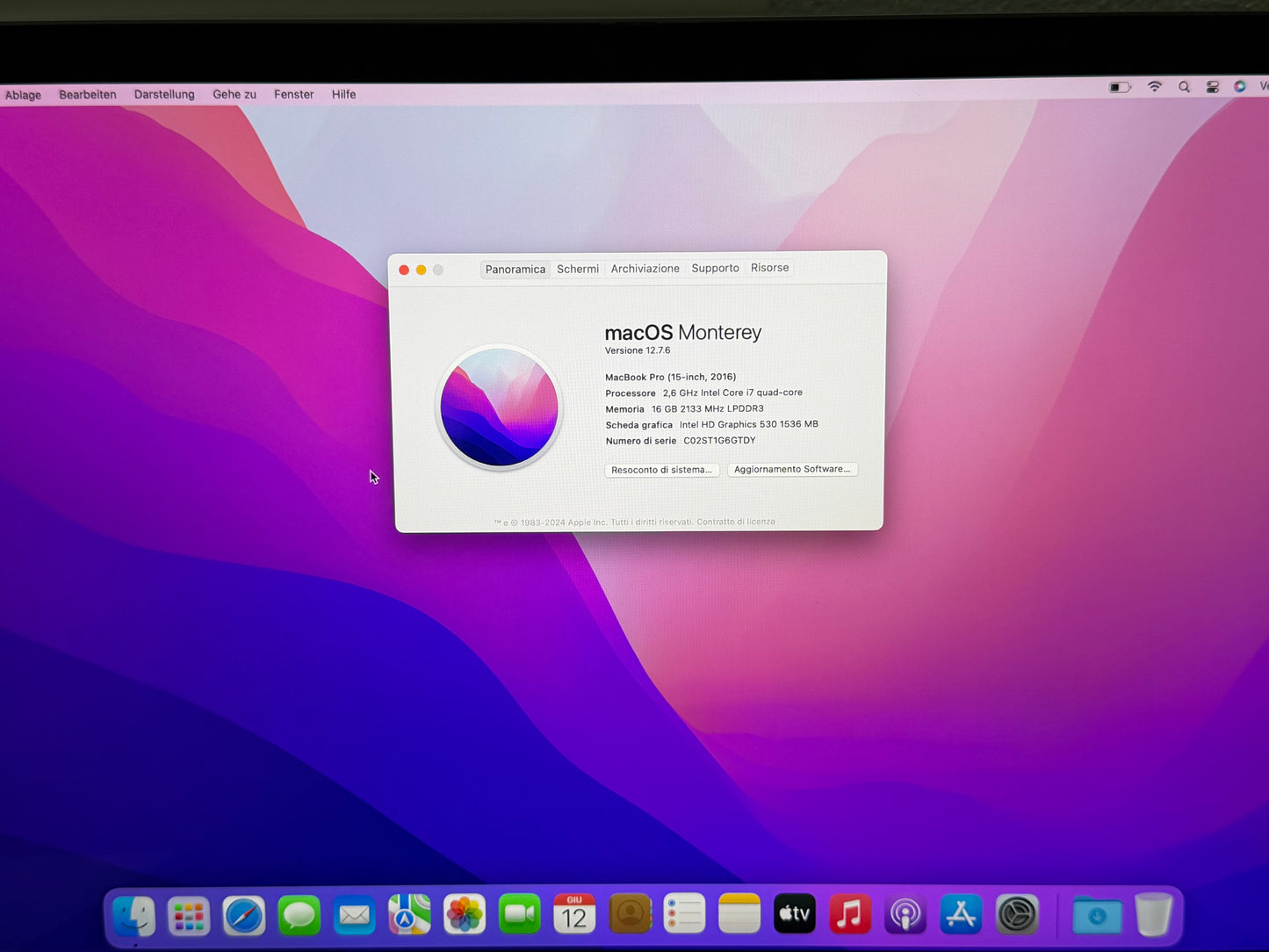 MacBook Pro (2016) [15,4", Touch Bar, Intel Core i7 2,6GHz, 16GB RAM, 512GB SSD, AMD Radeon Pro, macOS] Grigio