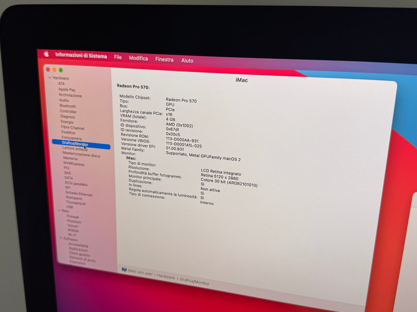 iMac (Mid 2017) [27", 5K, Retina, Intel Core i5 3,4GHz, 8GB RAM, 1TB Fusion Drive + 32GB SSD, AMD Radeon Pr0 570, macOS] argento