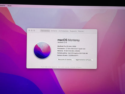 MacBook Pro (2016) [15,4", Touch Bar, Intel Core i7 2,7GHz, 16GB RAM, 1TB SSD, AMD Radeon Pro, macOS] Grigio
