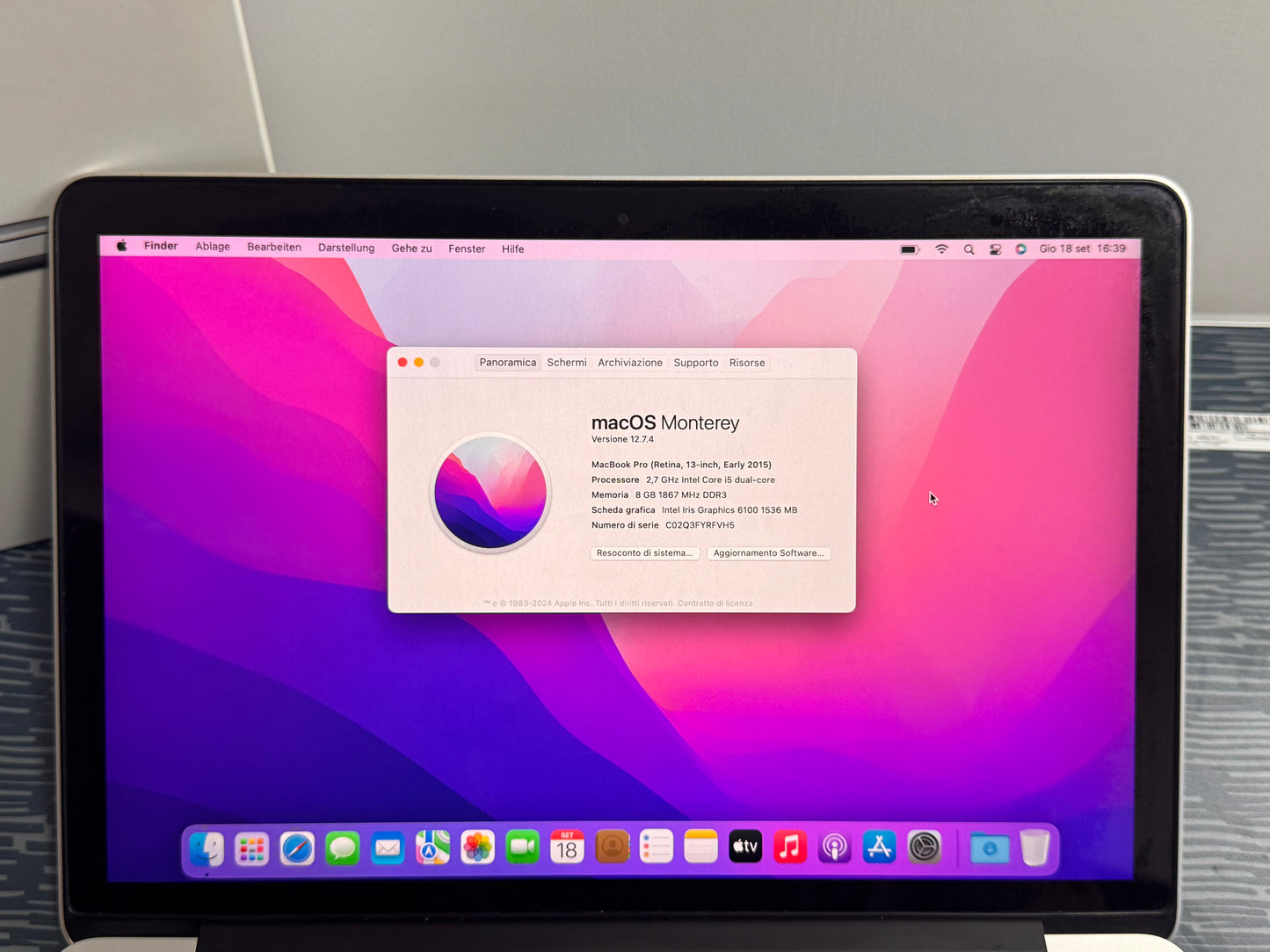 MacBook Pro (2015) [13,3", Retina, Intel Core i5 2,7GHz, 8GB RAM, 256GB SSD, Intel Iris Graphics 6100, macOS] argento