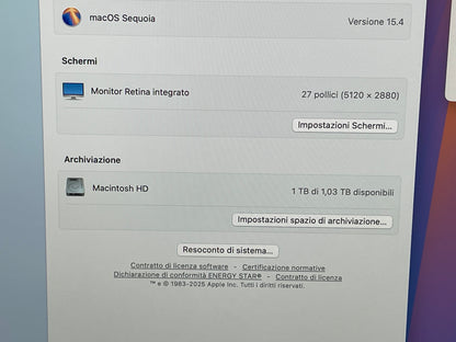 iMac (2019) [27", i5 3.1GHz, 16GB RAM, 1TB SSD, Radeon Pr0 575X 4GB, macOS] argento