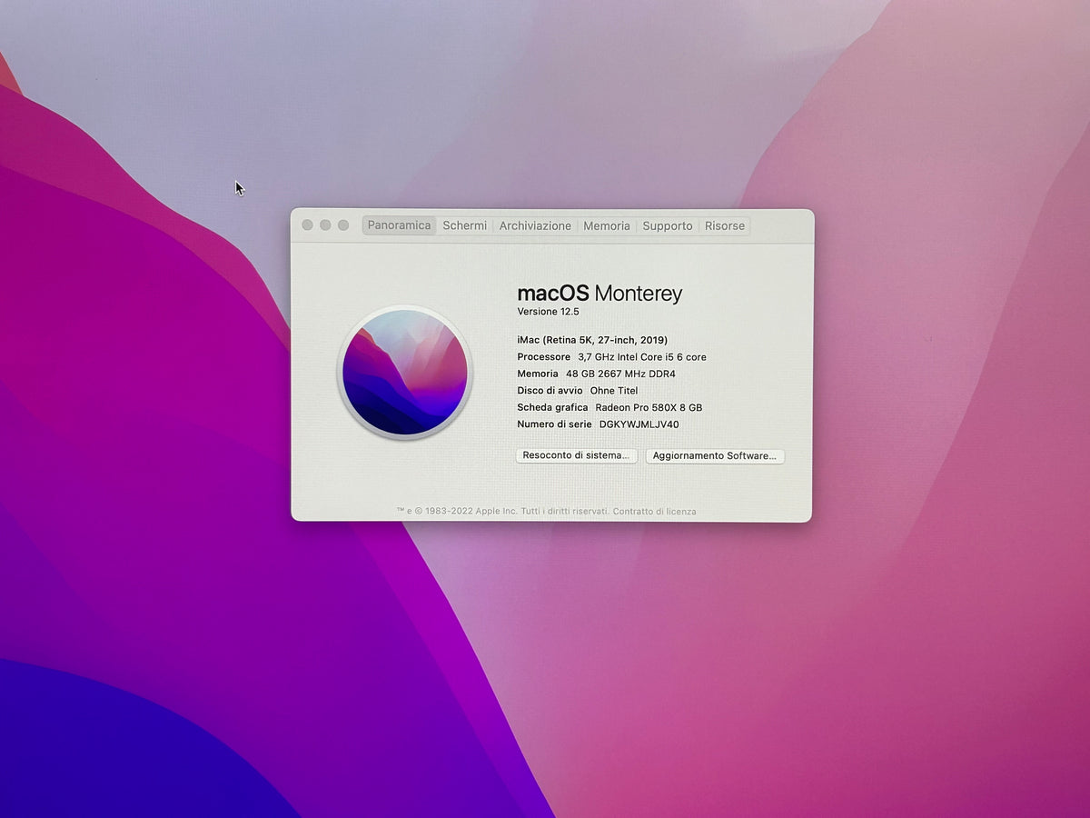 iMac (2019) [27", 5K, Retina, Intel Core i5 3,7GHz, 48GB RAM, 3TB Fusion Drive + 128GB SSD, AMD Radeon Pro 580X, macOS] argento